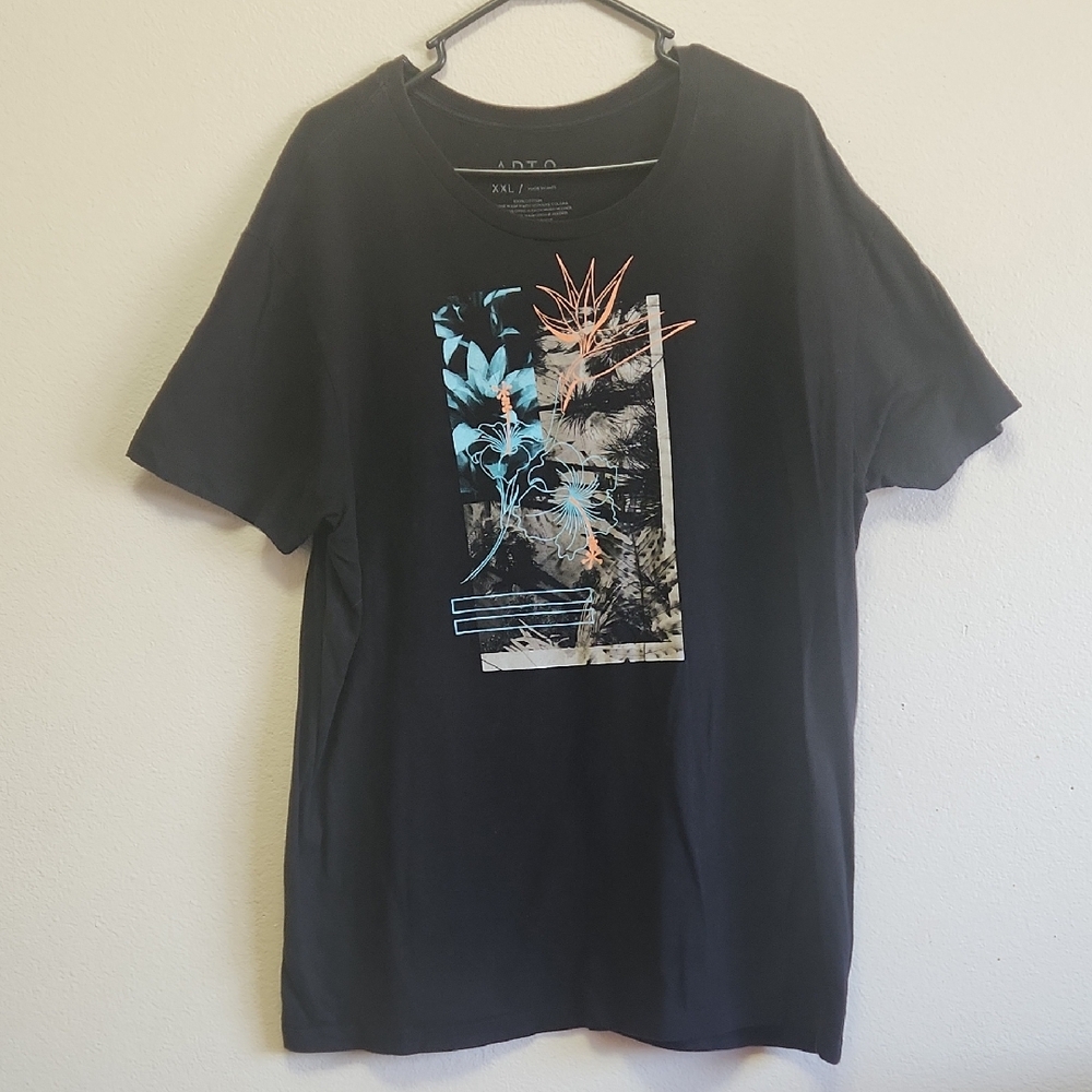 Apt. 9 Black Tee with Blue and Orange Graphic